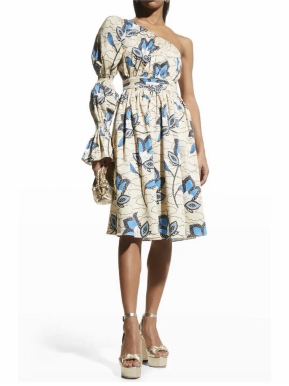 Autumn Adeigbo One-Shoulder Floral Dress in Cream and Blue